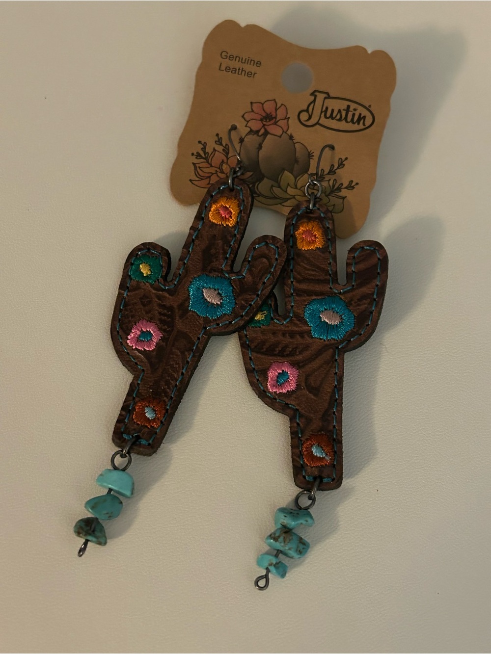 Justin Boots Brown Leather Cactus Earrings with Turquoise Drops